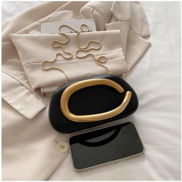 Elegant Black Evening Clutch Purse - PU Leather & Metal Design, 2-in-1 Style - Picture 2 of 5